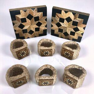 6 Jute Burlap Napkin Ring Set with 2 Geometric Wood / Resin Coasters Brown Black